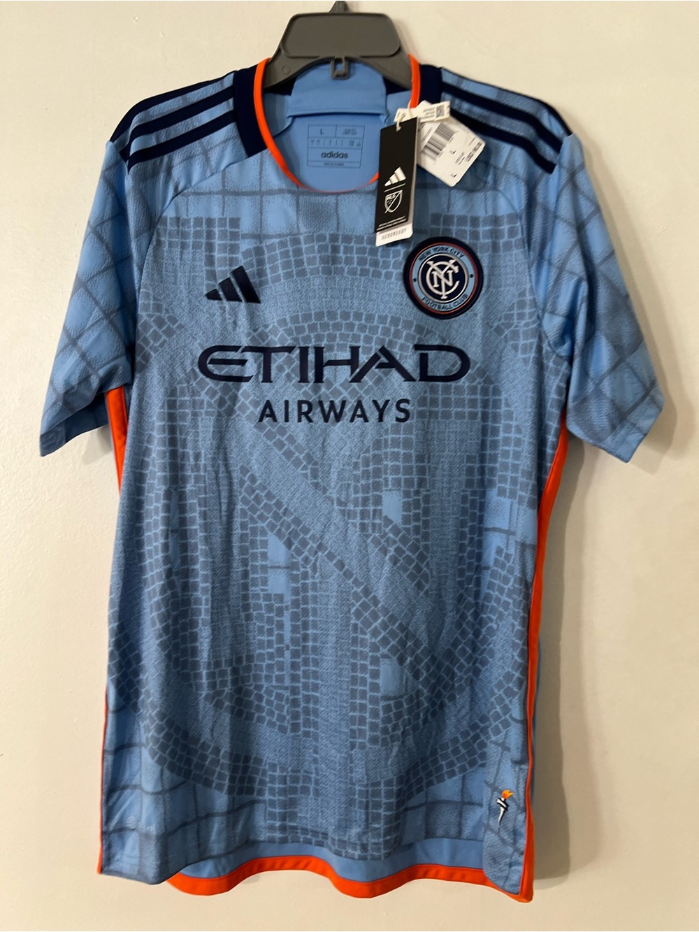 adidas Men's NYCFC Light Blue Soccer Jersey with Navy & Orange Accents